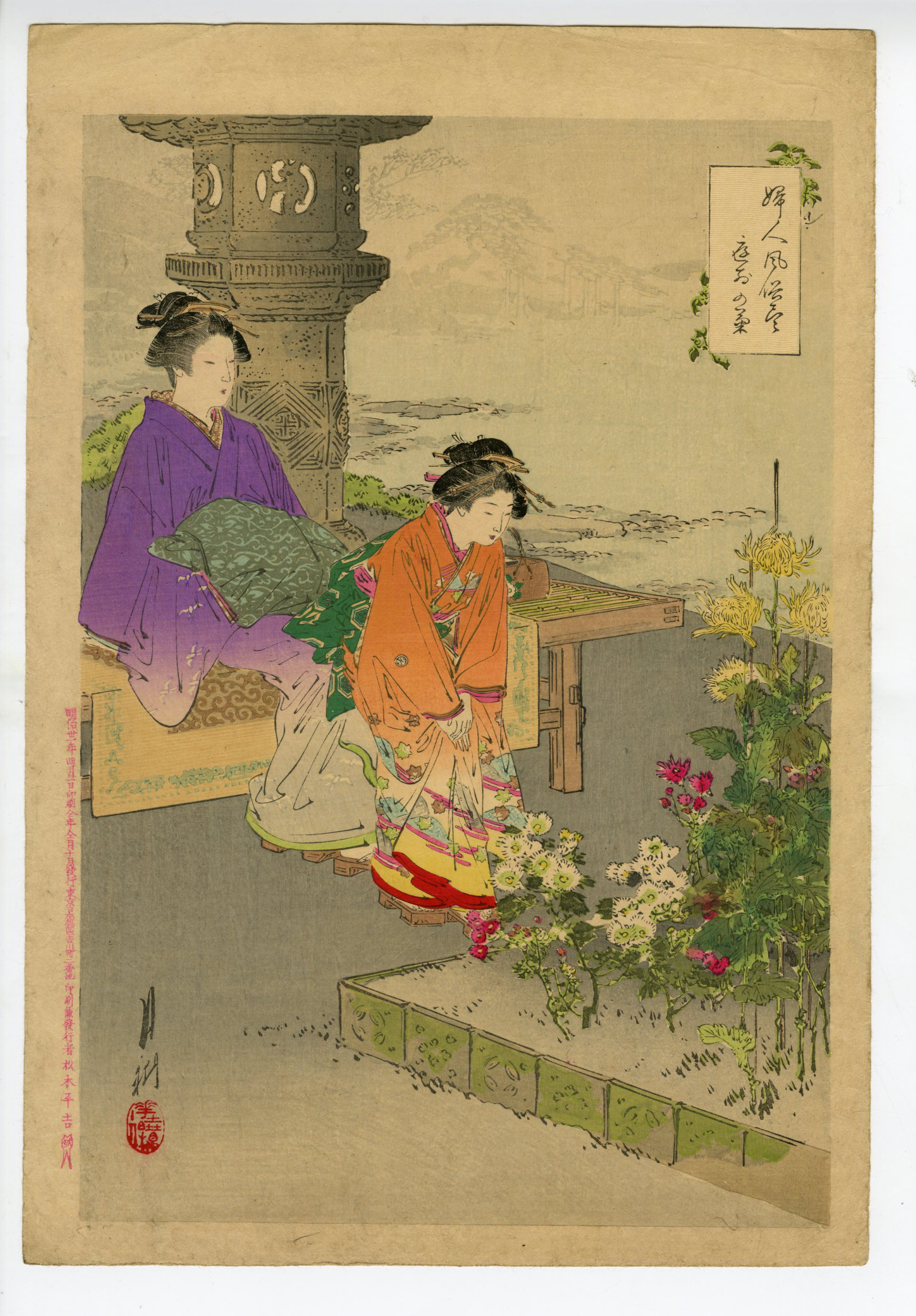 本物 浮世絵 【美人花競 菊畑】月耕画！木版画 美人画 錦絵 明治時代