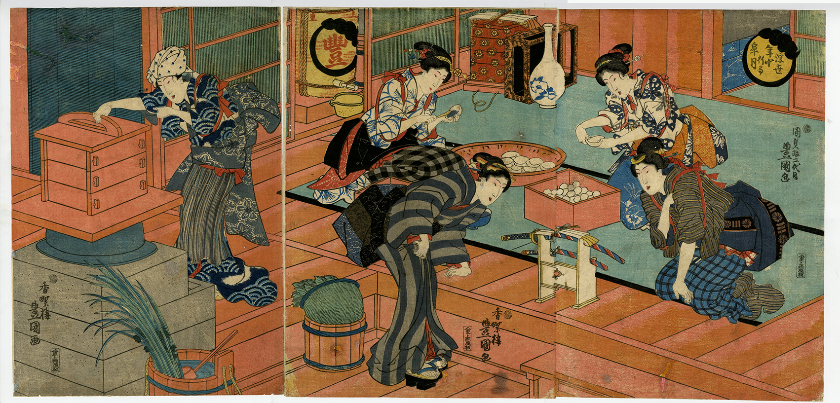 江戸時代 浮世絵 三枚組「若紫年中行事之内 睦月」絵師：国貞舎豊国 江戸時代 浮世絵 三枚組「若紫年中行事之内 睦月」絵師：国貞舎豊国