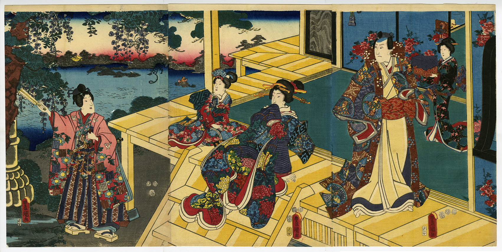 国貞二代 浮世絵与三郎です 豊国Ⅲ （国貞）(とよくに3( くにさだ)) - 御所の縁側に光氏の父