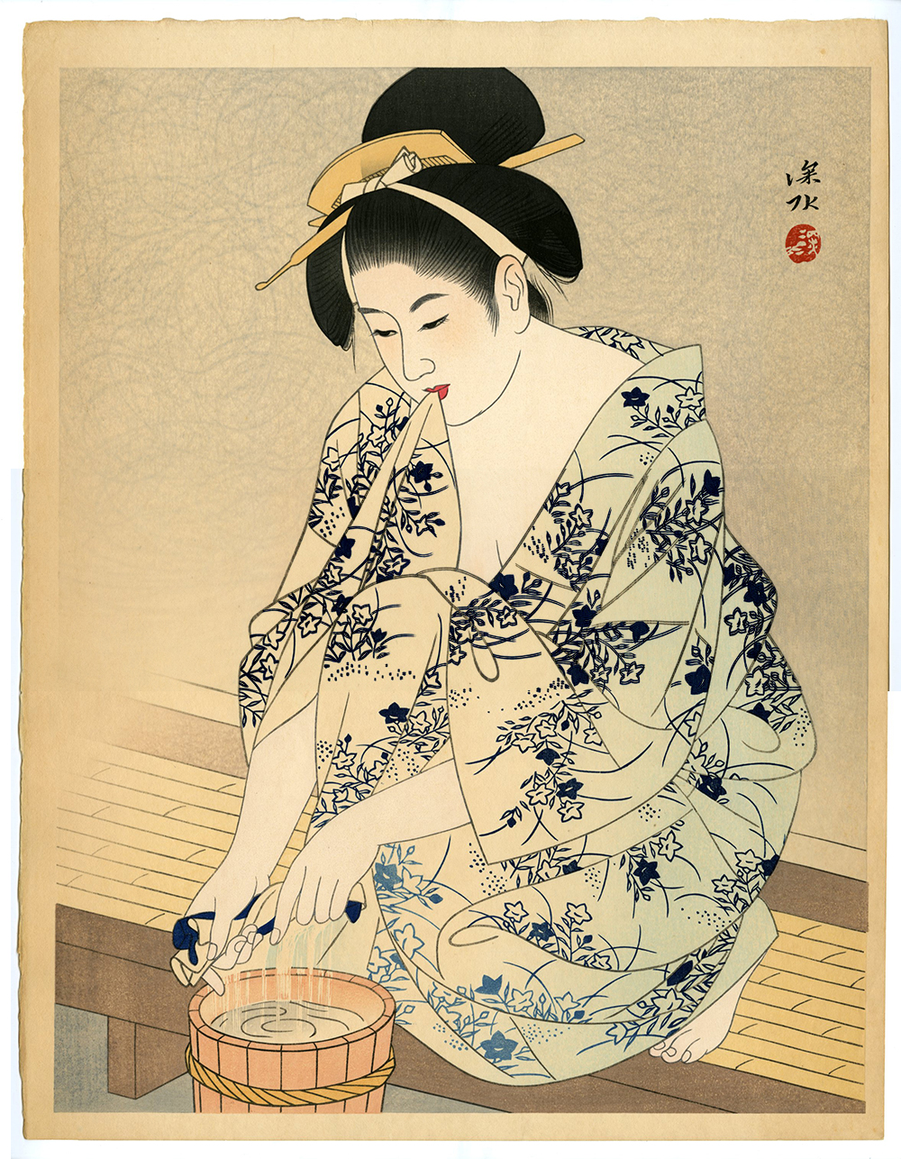 伊東深水／鏑木清方門 歌川派浮世絵「女湯」美人画 絹本 絵画 扁額 伊東深水／鏑木清方門 歌川派浮世絵「女湯」美人画 絹本 絵画 扁額
