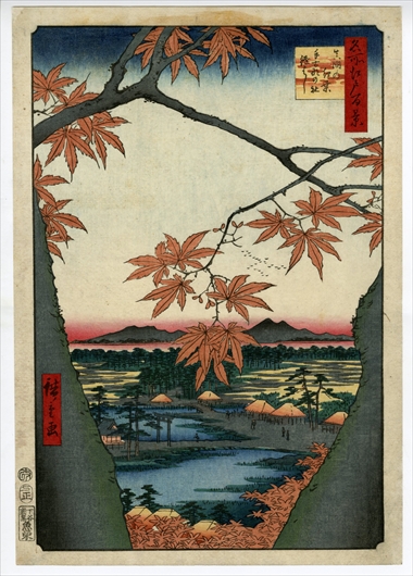 Hiroshige The Maple Trees at Mama, Tekona Shrine and Tsugi Bridge