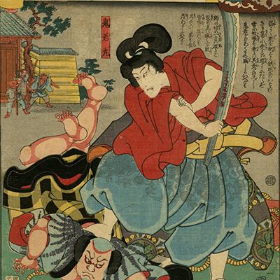 国芳(くによし) - 播州須磨寺ノ櫻ニ義経高札ヲ立ル図 - 浮世絵販売